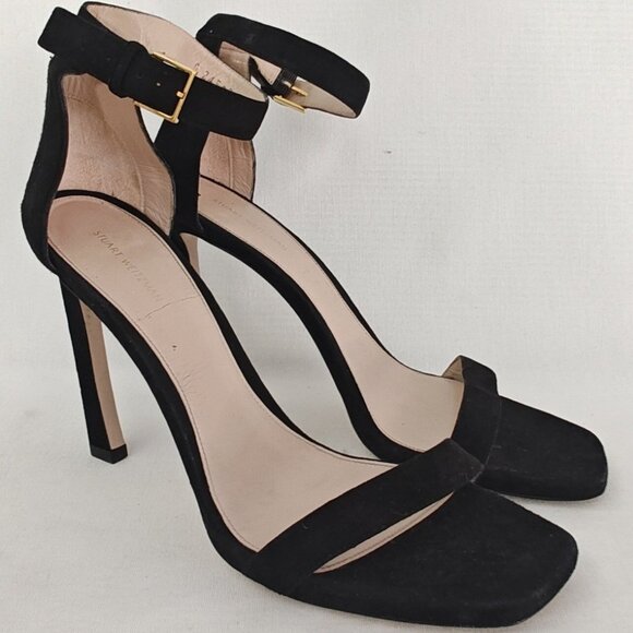 Stuart Weitzman Square Nudist 100 Pump Heels Black Suede Ankle Strap - Picture 1 of 12